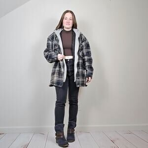 Vintage 90s Y2K Plaid Flannel Hoodie Shacket Navy Gray XL